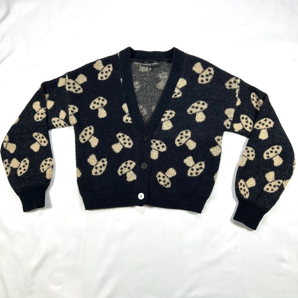 Black Cropped Cardigan Sweater w/Mushrooms Fairy/Whimsical Women's MEDIUM